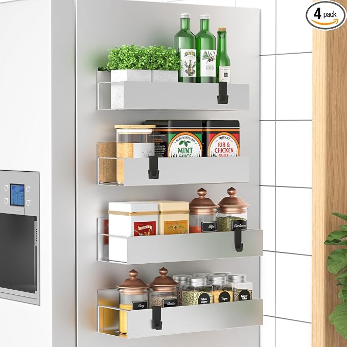 Metal Magnetic Spice Rack for Refrigerator Silver, 4 Pack | Magnetic Shelves Heavy Duty for Fridge in Kitchen, Seasoning Storage Organizer, For Oven Washer and Dryer, For Heavier Items