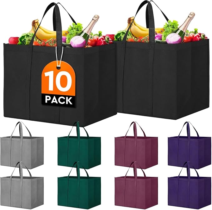 Reusable Grocery Shopping Bags 10 Pack Large Foldable Tote Bags Bulk | Eco Produce Bags with Long Handle for Shopping Groceries Clothes (5 Assorted Colors)