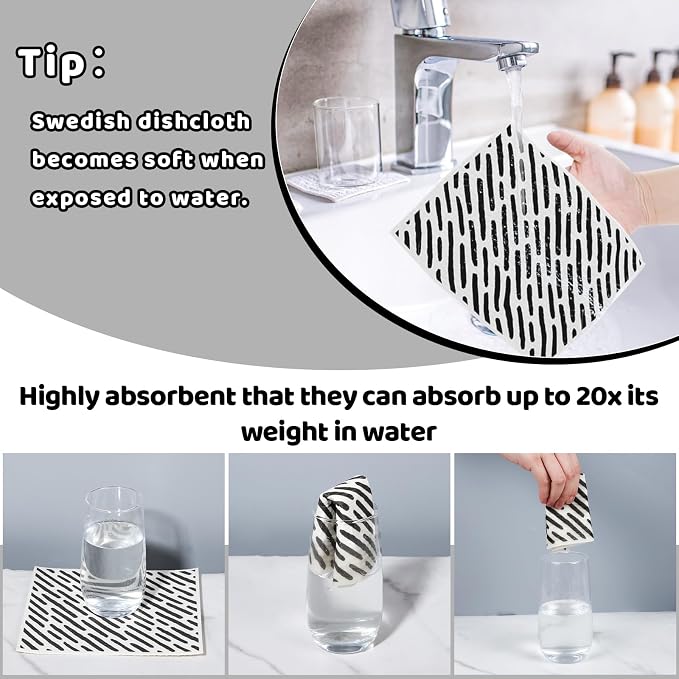 6 Pack Swedish Dishcloths for Kitchen,Swedish Rags Dish Towels with Clips | Reusable Paper Towels Washable Absorbent Cellulose Sponge Cloths No Odor for Countertop Sink Kitchen
