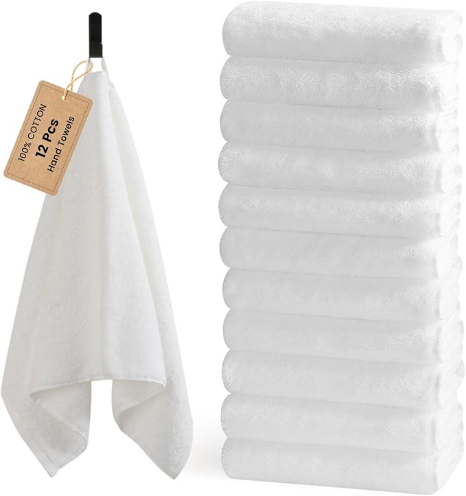 12-Pack White Cotton Hand Towels for Bathroom with Hanging Loops | Sink-side towels for drying hands and face, ideal for bathrooms, guest baths, powder rooms, OEKO-TEX certified, easy care