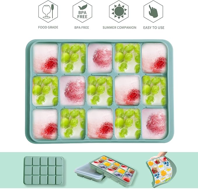 Tvmania Ice Cube Trays Set of 2, 15-Cube Silicone Molds with Removable Lids | Stackable, easy release, BPA-free, reusable, for freezer and whiskey