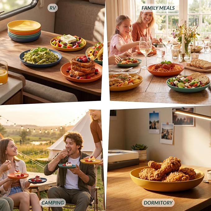 Deep Dessert Plates Unbreakable Wheat Straw Dinner Plates 8 PCS Microwave & Dishwasher Safe Plates Sets for Kitchen, Camping, Reusable Plastic Plates for Kids, Appetizer (Colorful, 8 inch)