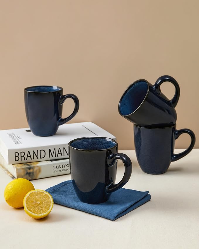 Pokini Coffee Mug 15 oz, Ceramic Coffee Mugs Set of 4, Reactive Glaze Mug for Latte/Tea/Cappuccino/Cocoa, Irregular Stackable Mug Set for Men, Women, Dad, Mom, Dishwasher & Microwave Safe, Starry Blue