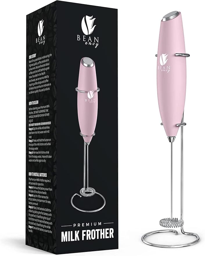 Bean Envy Milk Frother Handheld - Coffee Mixer Wand with Stand - Pink | Battery Operated, Stainless Steel Whisk, 19000 RPM, Protein Powder Blender, Electric Stirrer, Mini Foamer