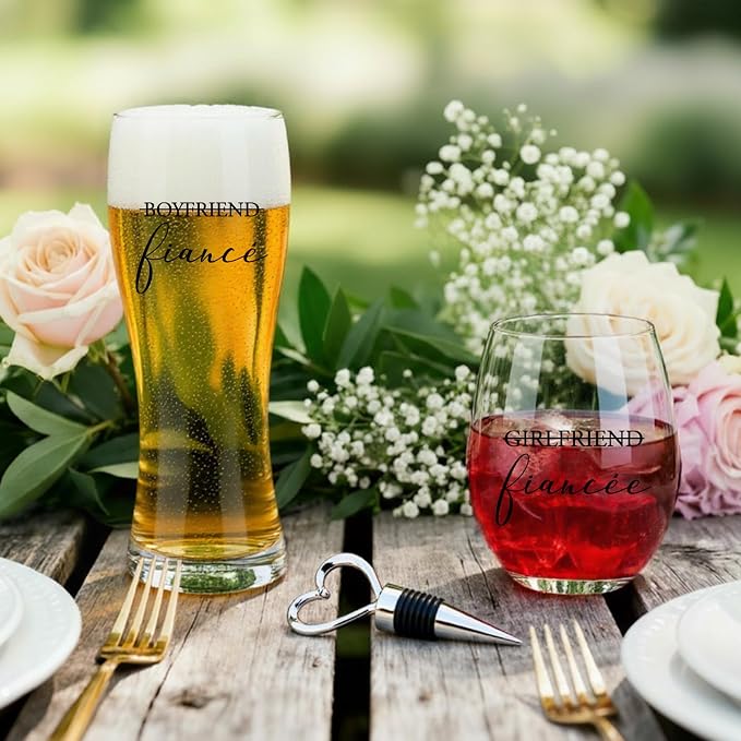 AW BRIDAL Fiance Wine Glasses and Beer Mug Set with Wine Stopper for Couple | Engagement Gifts for Women, Newly Wed Gift for the Couple 2026, Engaged Wine Glasses for Bride to Be, Fiance Fiancee Gift