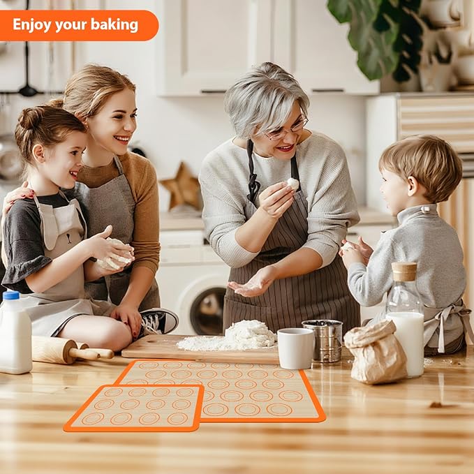 Macaron Silicone Baking Mats, Nonstick & Reusable, 3 PCS | 2 Half Sheets and 1 Quarter Sheet Mat, Easy to Clean, Silicone Macaroon Mat for Cookie, Orange