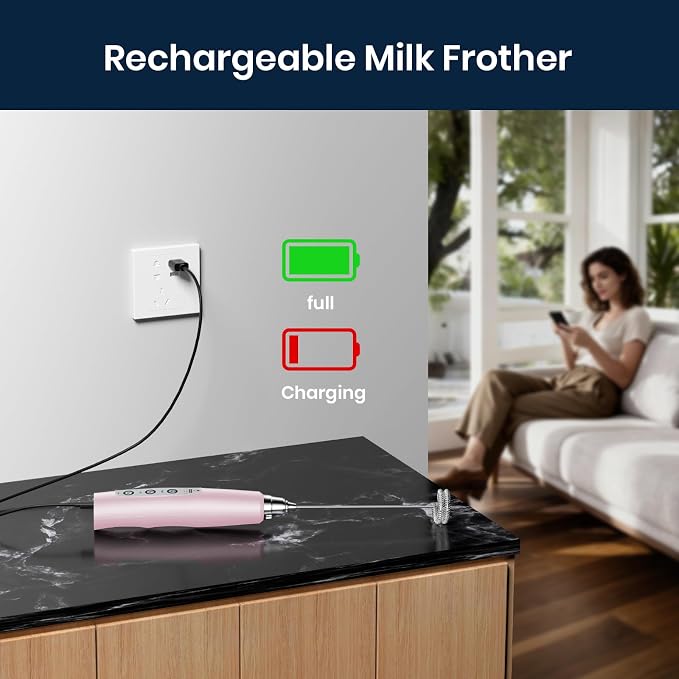 Milk Frother Wand Rechargeable Handheld Electric Whisk 3 Speed Adjustable | Coffee Frother Wand with 3 Stainless Whisks Electric Foam Maker Drink Mixer Blender for Latte Cappuccino Matcha Egg