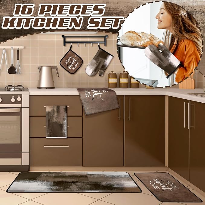 16 Pcs Abstract Art Kitchen Decor Set 4 Brown Kitchen Towels 2 Non Slip Rugs and Mats for Floor 2 Modern Oven Mitts Gloves 2 Pot Holders 4 Placemats 2 Art Abstract Curtains for Home Decoration Gift