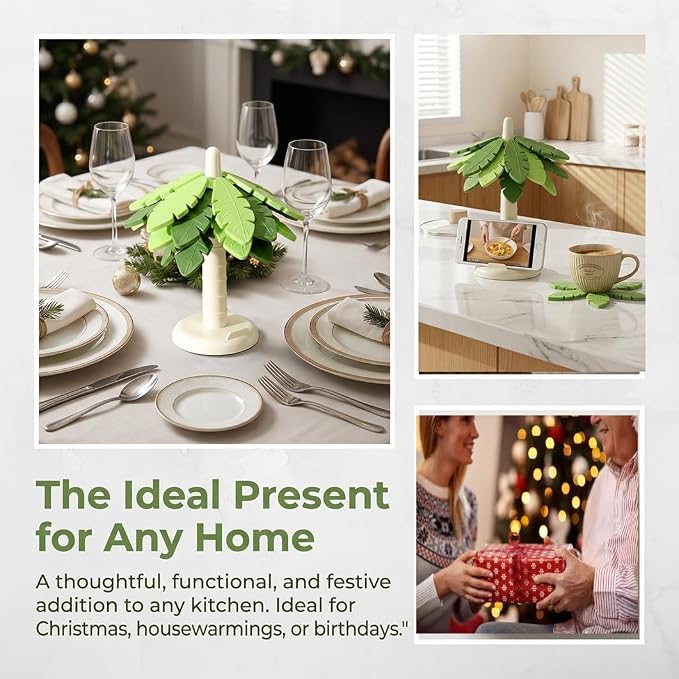 Silicone Trivets for Hot Dishes and Pans, Heat Resistant Tree Trivets (Set of 6) BPA Free, Non-Slip Kitchen Trivet Mats, Elegant Christmas Design for Countertops & Dining Tables Green