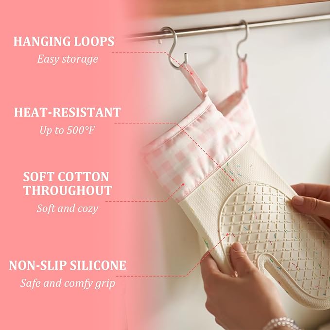 Wanheart Heat Resistant Silicone Oven Mitts, Pink Cooking Gloves, 2 Pack | Heat Resistant, Non Slip Grip, Cute Pink Design, Easy Clean, Cotton Lined