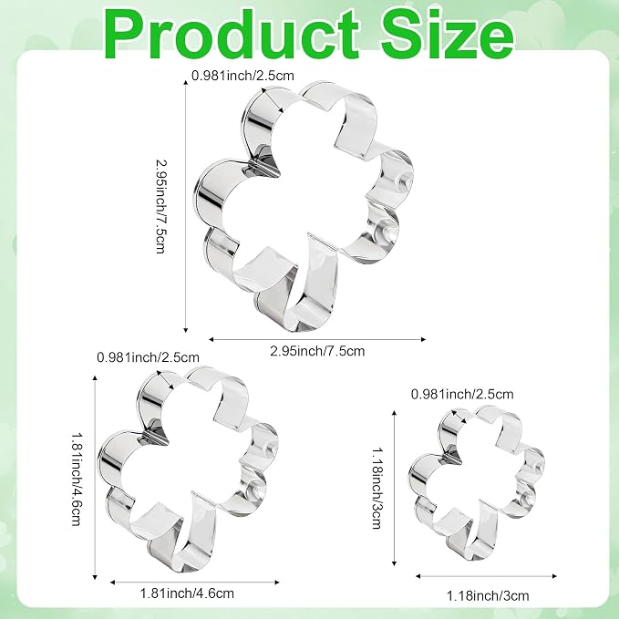 Shamrock Cookie Cutter, 3Pieces Shamrock Cookie Cutters for St. Patrick's Day, Stainless Steel Clover Shaped Molds Fondant Biscuit Fruit Cutters for St. Patrick's Day Holiday Birthday Party Supplies