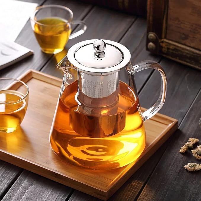 Mini Size Glass Teapot Tea Kettle-with Stainless Steel Removable Infuser for Blooming Tea & Loose Leaf Tea, Microwave & Stovetop Safe, 950ML/32oz (L-950)