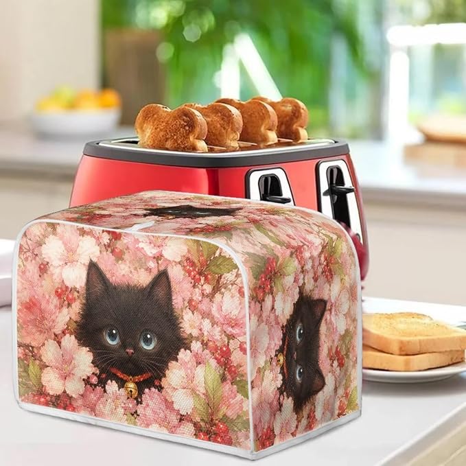 Black Cat Print Toaster Oven Dust Cover 2 Slice Cherry Blossom Print Bread Maker Cover Decorative Small Kitchen Appliance Covers for Kitchen Counter