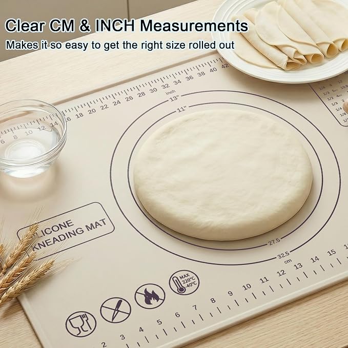 Silicone Pastry Mat 28" x 20" Extra Thick Silicone Baking Mat with Measurements and Edge Heightening Non-stick Food Grade Dough Rolling Mat Kneading Sheet for Pastry, Bread, Cookies (Beige)