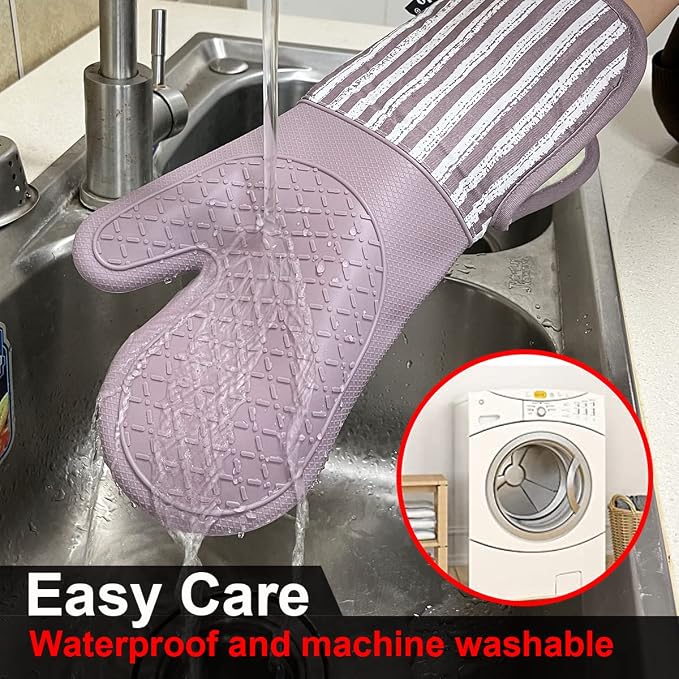 Alselo Silicone Oven Mitts Heat Resistant 932℉ with Waterproof & Non-Slip | Kitchen Mittens Set of 2,Extra Long 7.5"x15" Gloves with Soft Cotton Terry Lining for Baking Cooking BBQ(Purple,2)