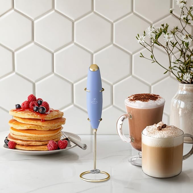 Zulay Kitchen Powerful Milk Frother Wand With Duracell Batteries - Ultra Fast Handheld Drink Mixer - Electric Whisk Foam Maker for Coffee, Lattes, Cappuccino & Matcha - Z1 Motor - Blue & Gold