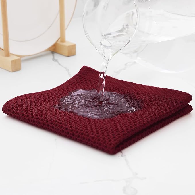 Kitinjoy 100% Cotton Waffle 6-Pack Kitchen Towels, 12" x 12", Burgundy | Ultra Absorbent, Super Soft, lightweight, Quick Drying Dish Rags for Washing Dishes