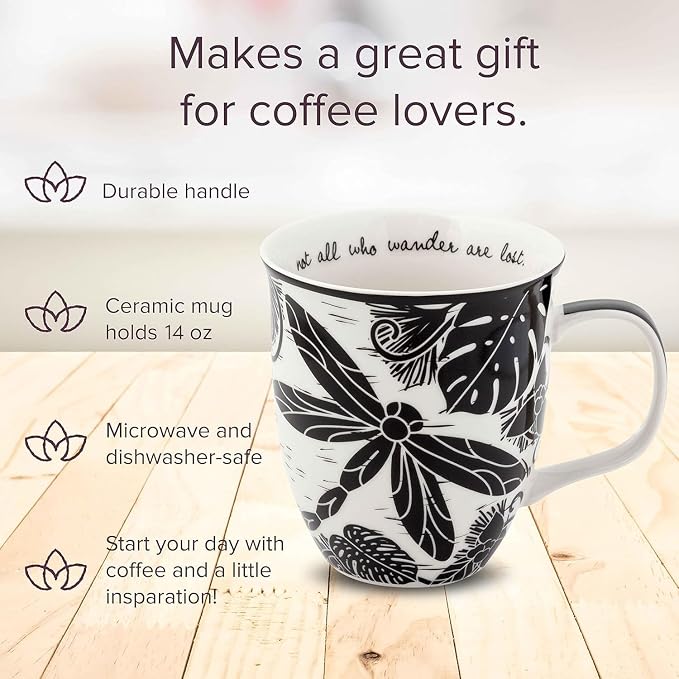 Karma Gifts 14 oz Black and White Boho Mug Dragonfly - Cute Coffee and Tea Mug - Ceramic Coffee Mugs for Women and Men