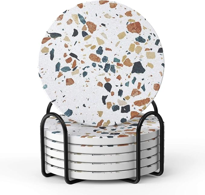 LIFVER Coasters Set of 6, Terrazzo Style Ceramic Drink Coasters with Holder | Set of 6 terrazzo coasters with holder, absorbent & non-slip cork back, protects tables from rings/scratches, stylish gift