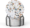LIFVER Coasters Set of 6, Terrazzo Style Ceramic Drink Coasters with Holder | Set of 6 terrazzo coasters with holder, absorbent & non-slip cork back, protects tables from rings/scratches, stylish gift