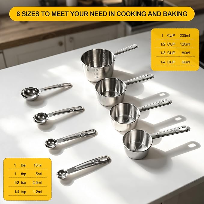 8 PCS Stainless Steel Measuring Cups and Spoons Set, Premium Measure Cups and Spoons Long Handle Stackable Measuring Cups for Kitchen Cooking & Baking, Dry & Liquid Dishwasher Safe
