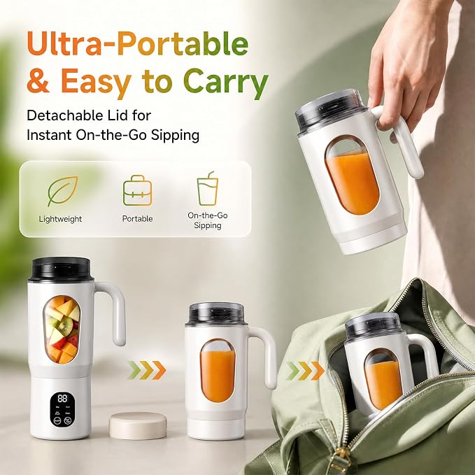 20 oz Portable Blender, 12-Blade USB-C Rechargeable, White | Personal mixer cup with handle for shakes, smoothies, protein drinks, fruit and small ice, self-cleaning design