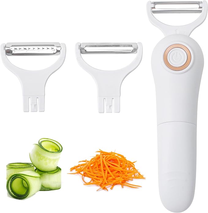 3-in-1 Electric Peeler Fruits and Vegetables Cordless for Kitchen, Handheld Julienne Blade Slicer Set Tool for Apples Carrot Potatoes Cucumber, Automatic Electrico Stainless Steel Pro Machine Gadgets