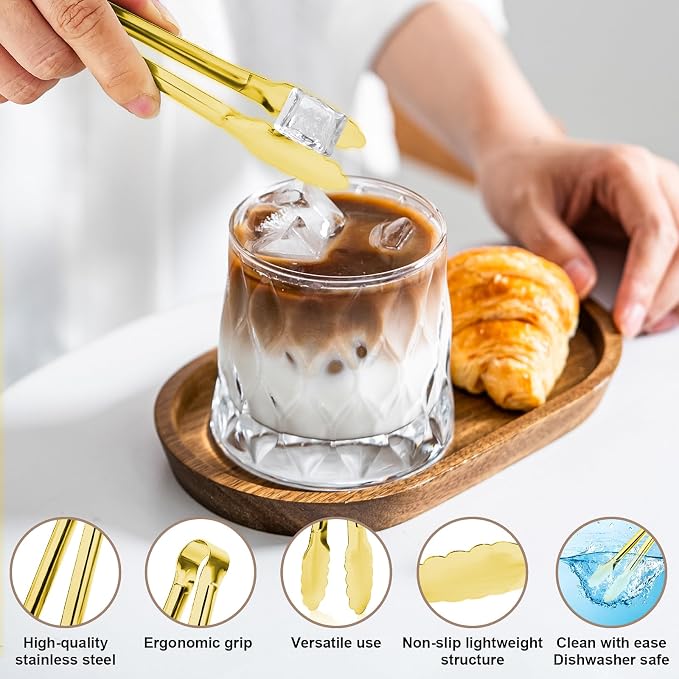 8PCS Gold Metal Tongs, 9" Stainless Steel Serving Tongs, Small Kitchen Accessories for Appetizer, Ice, Sugar Cube, Salad, Toaster, Desserts (Gold, 9 INCH)