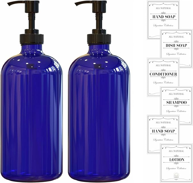 Cobalt Blue Glass Soap Dispenser with Pump, 16 oz | Blue Glass, Plastic Pump Hand and Dish, Bathroom and Kitchen Sink, Includes 6 Waterproof labels, (Pack of 2)