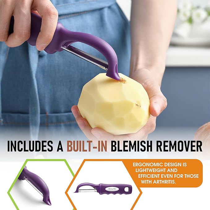 Spring Chef Swivel Vegetable Peeler w/Ergonomic Handle, Set of 2, Purple | Premium Potato Peeler w/ Ultra Sharp Stainless Steel Blades, Multifunctional Veggie Peeler for Apple, Carrot, Cucumber, Fruit