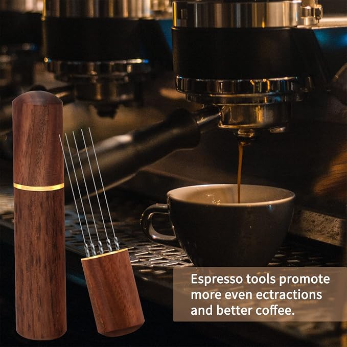 Zolunu Espresso Coffee Stirrer 5 Needles 0.4mm Espresso Distribution Tools, Natural Wood Handle and Stand