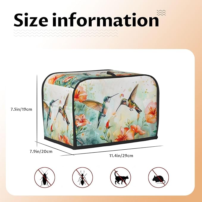 2 Slice Toaster Cover Hummingbird Flower Watercolor Dust Proof Washable Kitchen Appliance Cover with Pocket, Oxford Fabric Countertop Toaster Protector for Standard Toasters Small Appliances