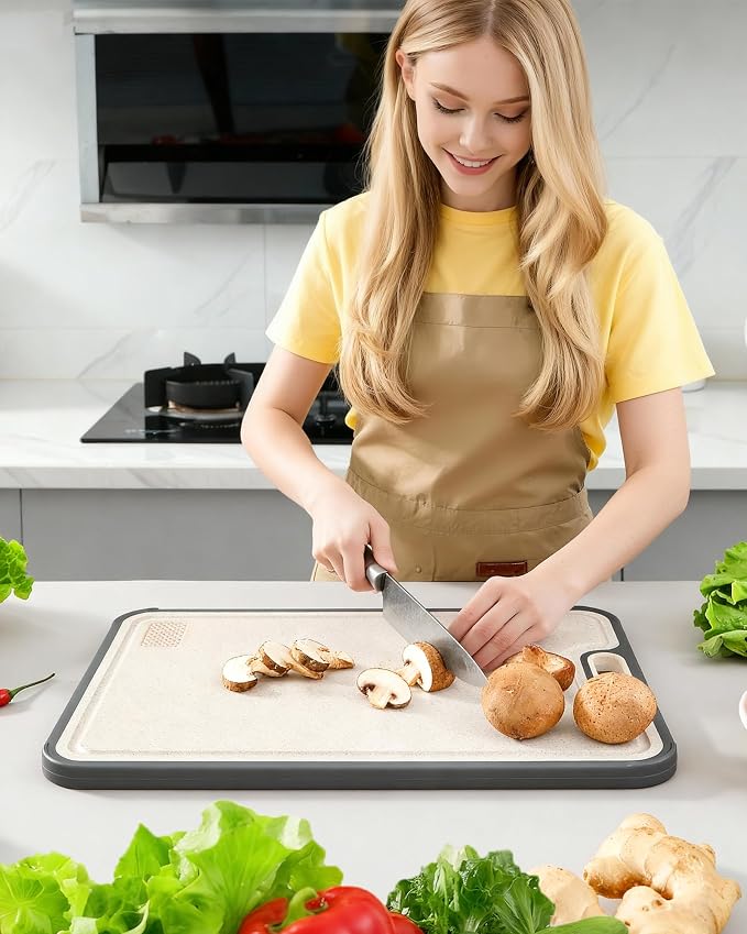 Stainless Steel Cutting Board for Kitchen, Non Toxic Double Sided Cutting Board, Food Grade Pure Stainless Steel & Wheat Straw PP, Meat & Vegetable Chopping Boards, Scratch Resistant, Large 16”×11”