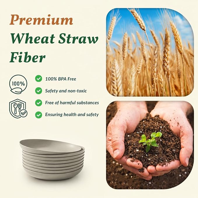 Deep Dinner Plates Set of 8 Alternative for Plastic Plates Microwave and Dishwasher Safe Wheat Straw Plates for Kitchen, Camping Unbreakable Lightweight Round Plate Set (Grey, 9 inch)
