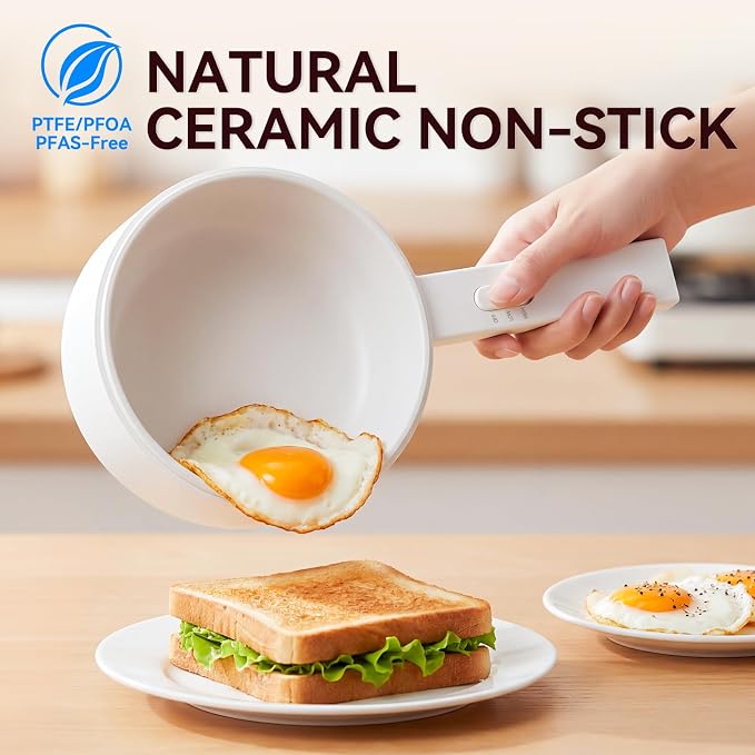 Electric Hot Pot, 1.5L Mini Electric Pot with Ceramic Non-stick Coating | Dual Power Control Electric Pot for Cookin Steak, Egg, Fried Rice, Soup,Ramen Cooker for Dorm, Travel, Camping, RV