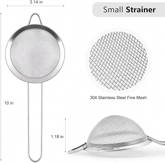 D Fine Mesh Strainer, Stainless Steel Sieve Sifter with Handle, 3-Inch | 10x3, Silver,Small Metal Strainer for Loose Tea, Juice, Drink, Herbs, Mini Sifter for Flour, Matcha, Kitchen, Baking