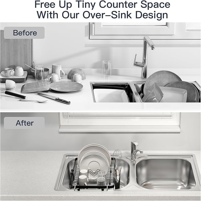 Dish Drying Rack Over The Sink with Utensil Holder | Expandable Stainless Steel Dish Drainer for Small Kitchen, Apartment, RV, Counter Space Saving, Perfect Fit, Rustproof