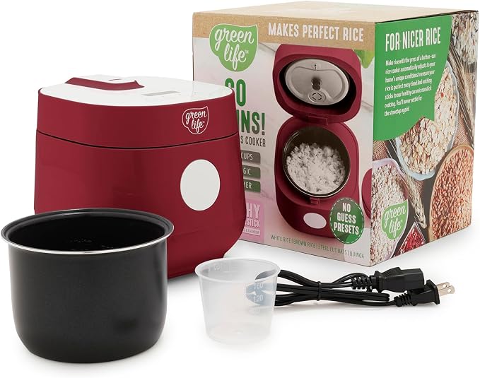 GreenLife Digital Rice Cooker, 2-Cups Uncooked/4-Cups Cooked, Red | PFAS-Free Ceramic Nonstick Coated 1.5QT Pot, One-Touch Presets, Oats, Quinoa, Brown Rice, Auto Warming, Fuzzy Logic Tech