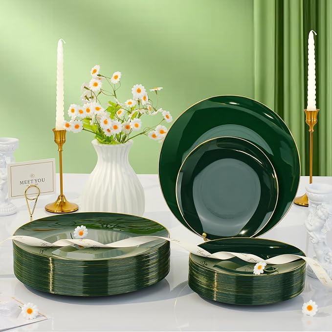 Bestluck 175PCS Green Plastic Dinnerware Set, Green Plastic Plates for 25 Guests, Include 50 Green Gold Plates with 75 Plastic Cutlery, 25 Napkins and 25 Cups