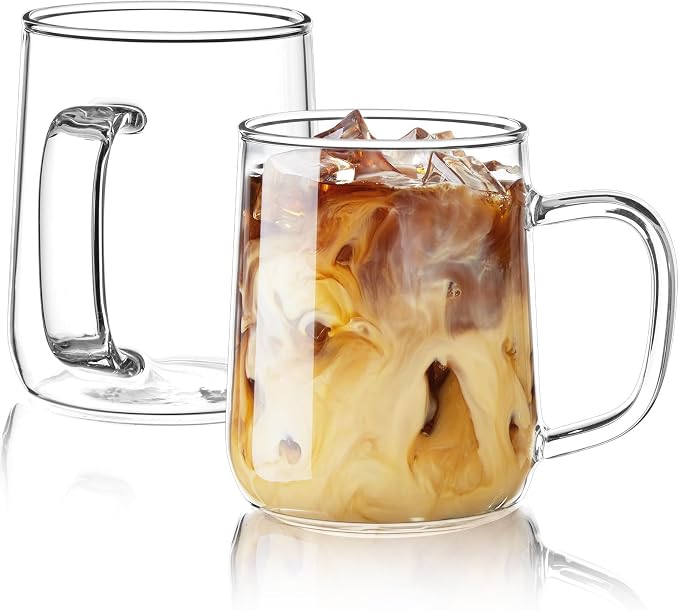 Glass Coffee Mugs, 14 oz Glass Coffee Cups Set of 2, Clear Borosilicate Glass Mugs with Handles for Cappuccino, Tea, Latte, Hot/Cold Beverages, Wine, Americano