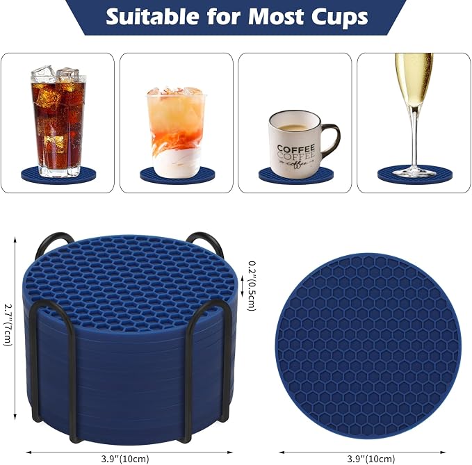 TWTLi Silicone Coasters Set of 12 with Holder — Non-Slip Drink Coasters for Coffee Table, Home Bar & Kitchen, Protects Wood & Marble Surfaces from Water Rings, Dishwasher Safe (Navy Blue)
