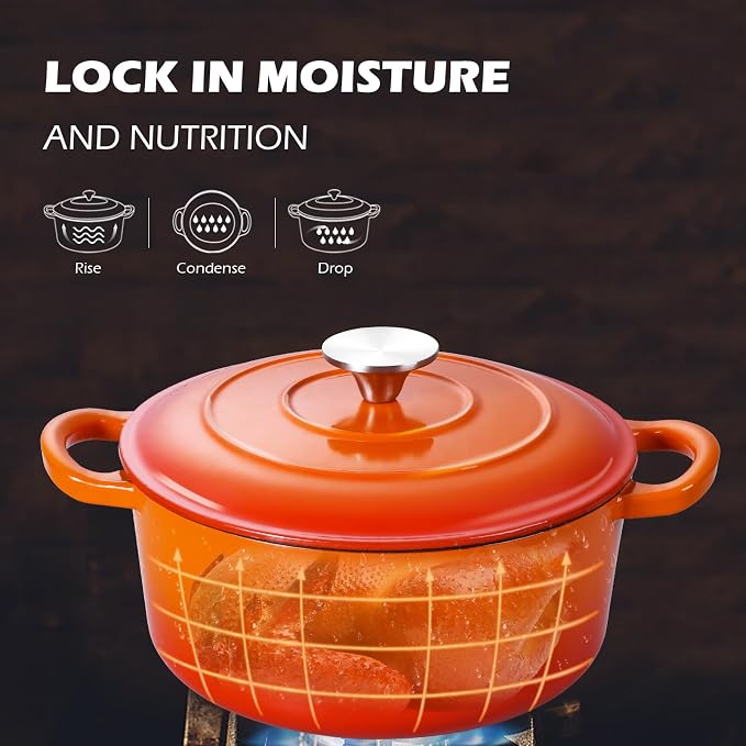 3QT Dutch Oven Pot with Lid, Leonyo 3 Quart Enameled Cast Iron Dutch Oven for Sourdough Bread Baking, Heavy Duty Cookware for Braising, Stews, Roasting, Orange