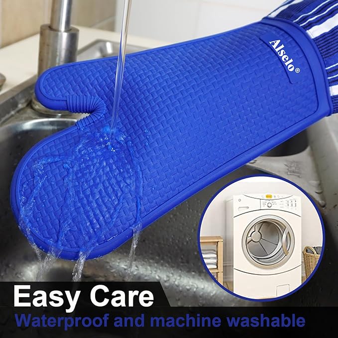 Alselo Silicone Oven Mitts Set, Heat Resistant 550 Degree,7.5"x16" | Extra Long Kitchen Mittens,Waterproof & Non-Silp Oven gloves for Baking Cooking Barbecue Microwave (Extra Long Navy, 2)