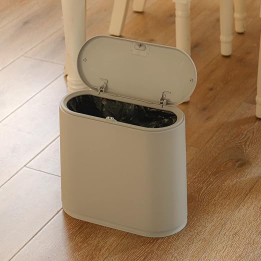 Sooyee 10 Liter Rectangular Slim Plastic Trash Can, Gray | Press Type Lid, 2.4 Gallon, Wastebasket, For Bathroom, Powder Room, Bedroom, Kitchen, Craft Room, Office