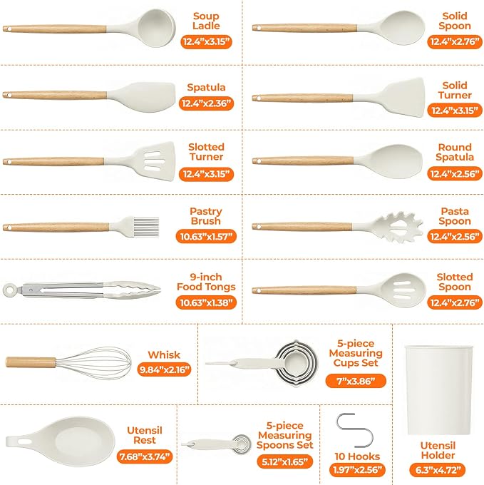 33Pcs Kitchen Utensils Set Silicone Cooking Utensils Set with Wooden Handle | Heat-Resistant, Dishwasher Safe, BPA-Free Silicone Kitchen Utensil Set with Wooden Handles & Holder for Nonstick Cookware