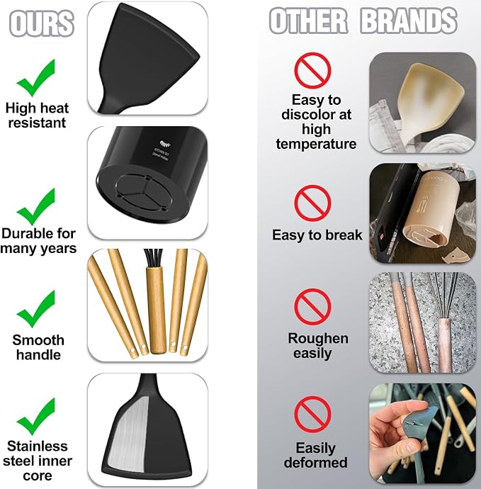Kitchen Utensils Set- 34PCS Silicone Cooking Utensil with Holder, Umite Chef Heat Resistant Kitchen Spatula Set for Nonstick Cookware, Black Wooden Handles Kitchen Gadgets Tools Set