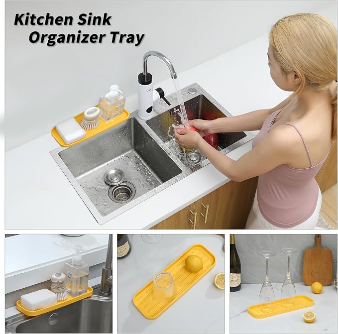 MicoYang Silicone Kitchen Sink Organizer Tray for Multiple Usage,Easy Clean,Eco-Friendly Sponges Holder for Kitchen Bathroom Counter or Sink,Dish Soap Dispenser,Scrubber,Bottle,Cup Yellow 12" x 4”