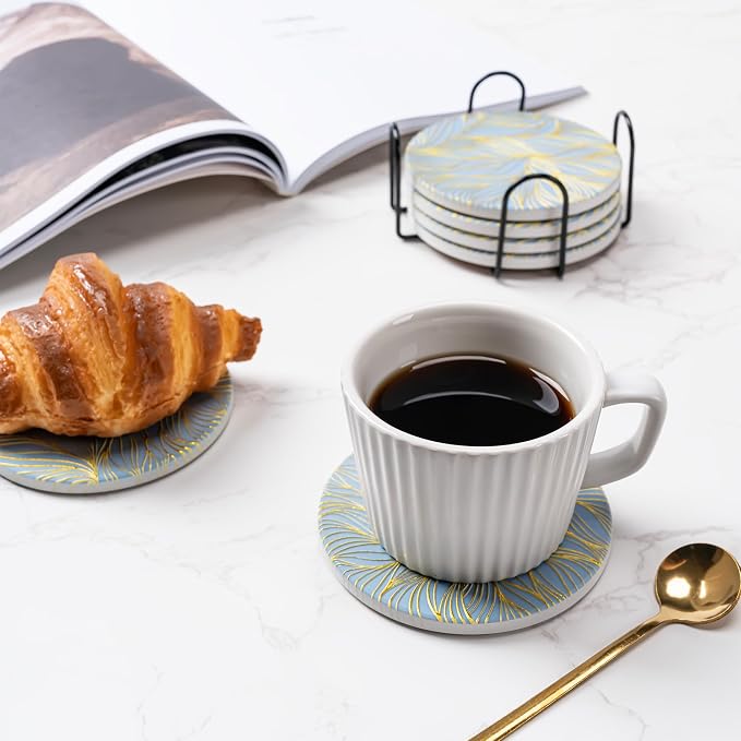 6Pcs Absorbent Coasters Set with Holder,Ceramic Drink Coaster,4 in（A7） | Marble Style Ceramic Drink Coaster,Suitable for Kinds of Cups,Modern Style Coaster for Coffee Table