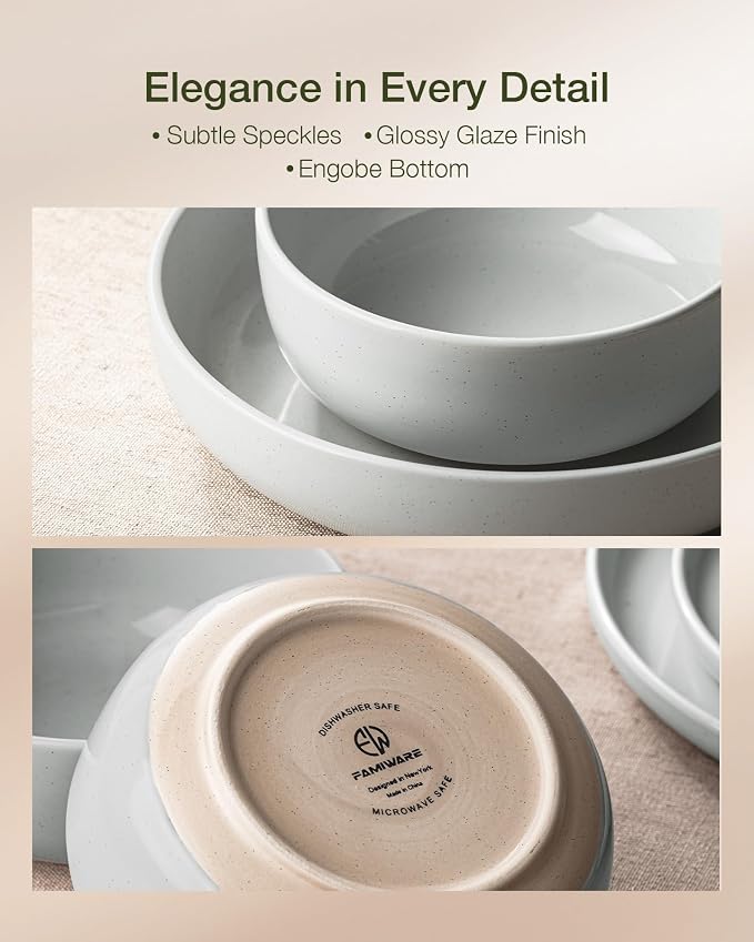 Famiware Milkyway 16-Piece Dinnerware Set with Mugs, Light Gray | Stoneware Plates and Bowls for 4, Dishes Set for Everyday/Formal Use, Microwave/Dishwasher Safe, Chip/Scratch Resistant