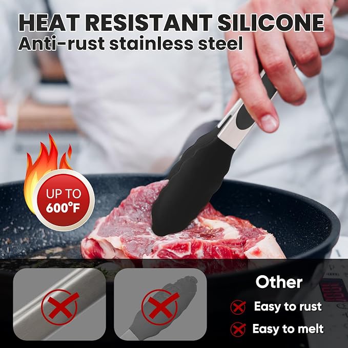 9-Inch Kitchen Tongs for Cooking with Silicone Tip,Black | 600℉ Heat-Resistant,Stainless Steel Locking Cooking Tongs Food Tongs for BBQ/Cooking/Salad/Serving Food,Heavy Duty,Non-Stick